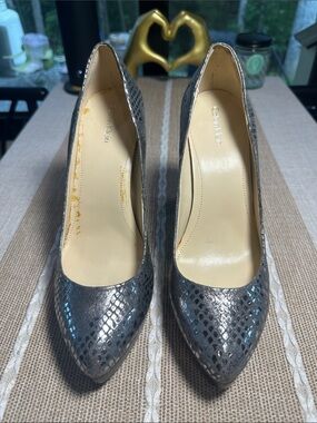 Calvin Klein Silver Snake-Embossed Pointed-Toe Pumps